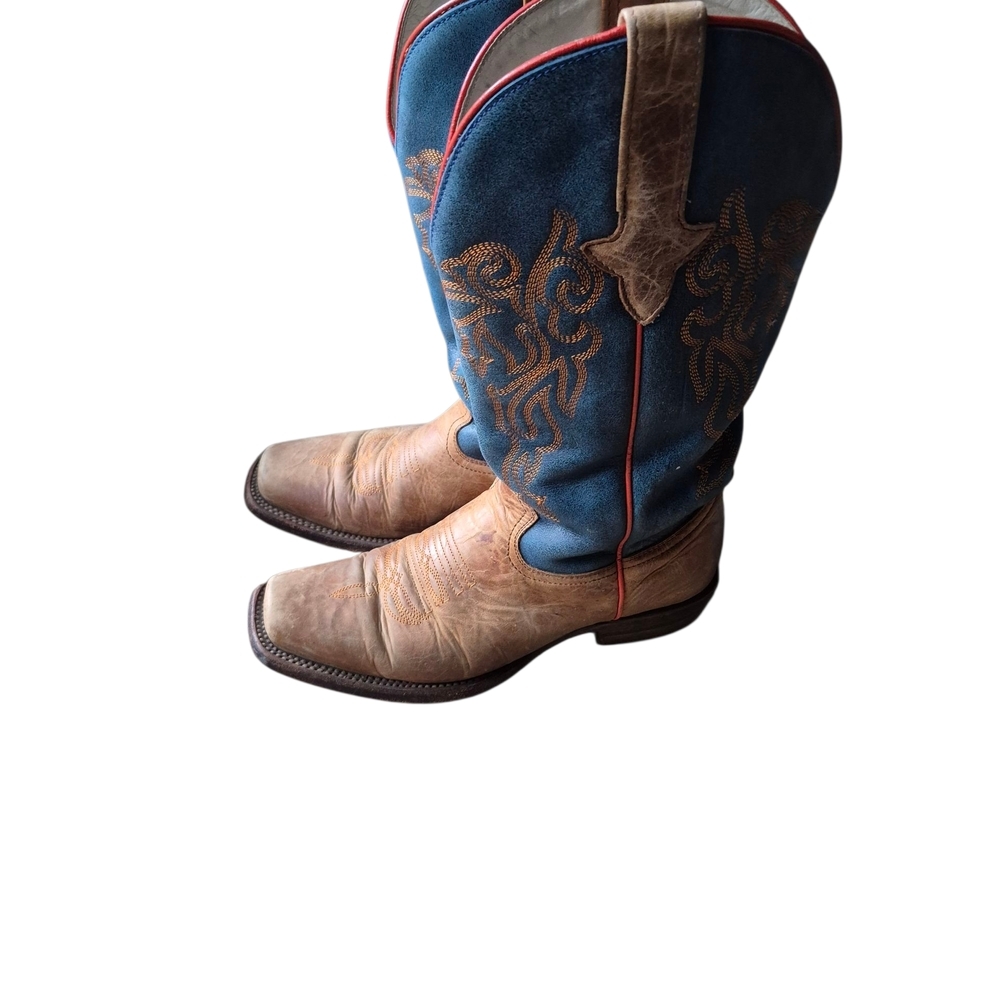8.5 B J.B. Dillon Blue and Brown Cowboy Boots with Ornate Stitching - Picture 6 of 10
